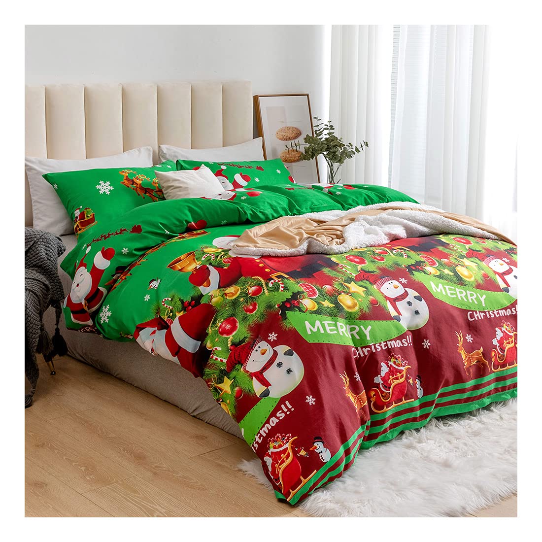 Christmas Royal Santa Claus Merry Xmas Kitty Duvet Quilt Cover & Pillowcase Bedding Set Multi-Colour Snowman Presents Set Ultra Soft Easy Care, Modern Design (Double, Merry Santa)