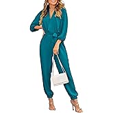 PRETTYGARDEN Women's Fall Jumpsuits Dressy Casual Pants Romper Spring Long Sleeve V Neck Belt Pockets One Piece Outfits