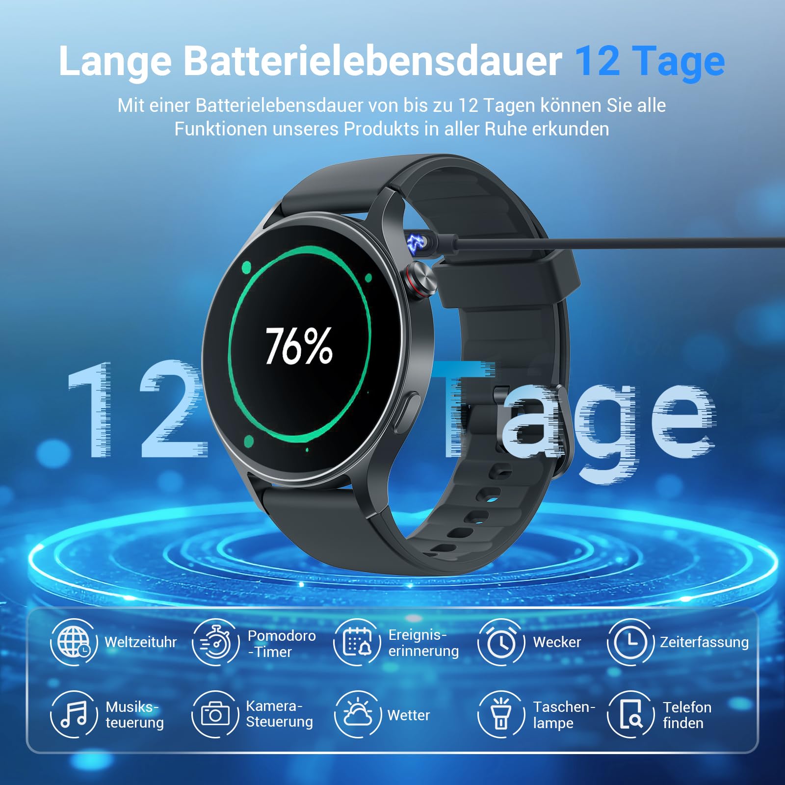 Smartwatch Herren Rund mit Telefonfunktion- 1.32" AMOLED Display, Fitnessuhr mit 110+ Sportmodi &3ATM, Uhren Damen Herren für iOS/Android Schrittzähler mit Pulsmesser/ SpO2/ Schlafmonitor- Schawrz 6