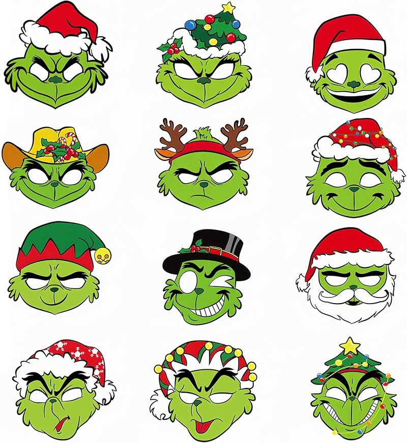 COSORO 12pcs Kids Grinch Paper Masks Christmas Party Bag Fillers Costume Toy