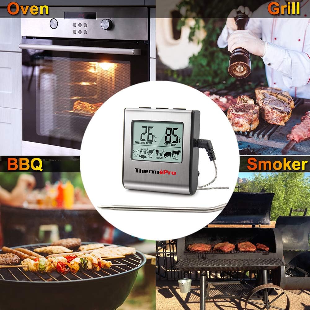 ThermoPro TP-16 Large LCD Digital Cooking Food Meat Smoker Oven Kitchen BBQ Grill Thermometer Clock Timer with Stainless Steel Probe: Kitchen & Dining