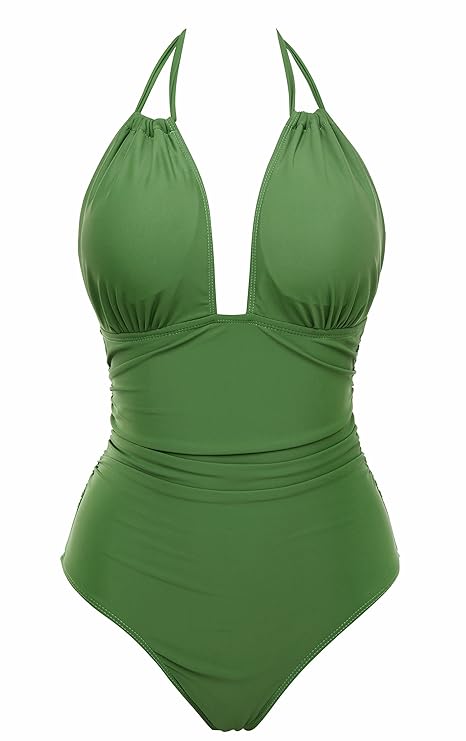 B2prity Damen Badeanzug Retro Tief V Ausschnitt Rückenfrei Neckholder Bauchweg Monokini Bademode Bikini