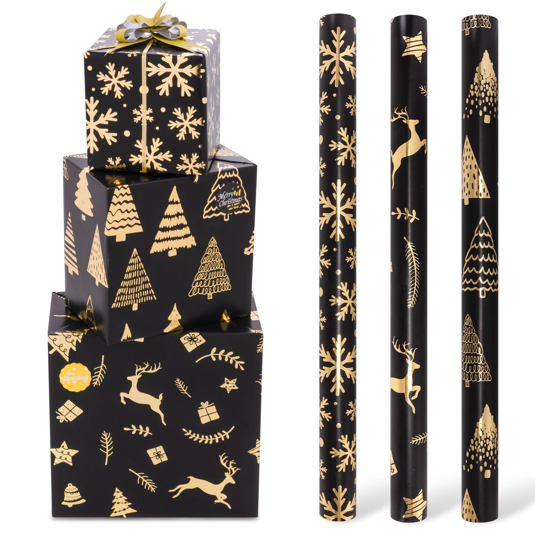 Toptime Christmas Wrapping Paper Roll, 3 Black Gold Wrapping Paper 43cmx3m with Gift Ribbon Stickers, Metallic Wrapping Paper Rolls with Christmas Tree Snowflakes Deer, Xmas Paper for Holiday, Party