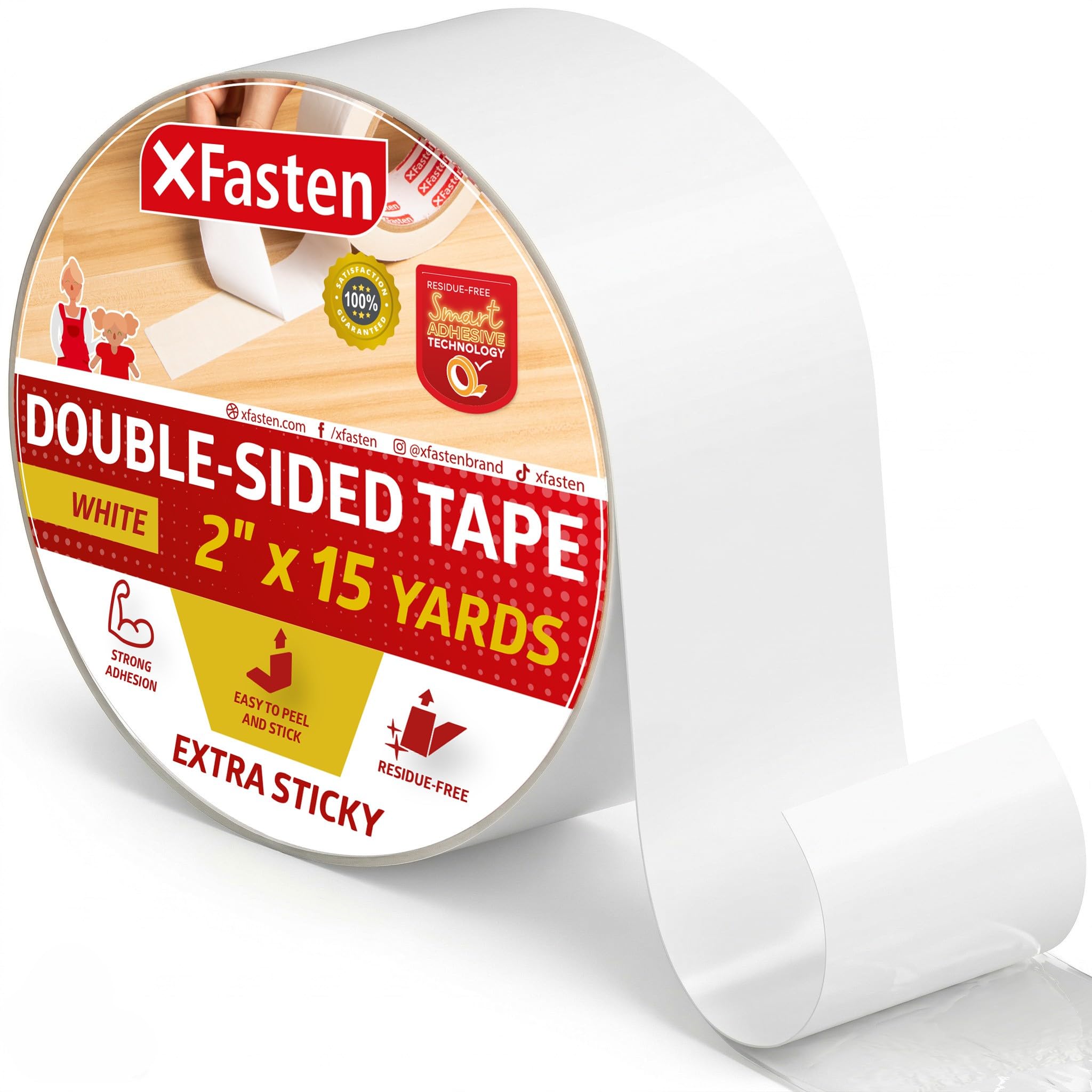 XFasten Extra Sticky Double-Sided Tape, White, 2-inch x 15-Yard, Extreme Bonding for Anti-Scratch Cat Training Tape, Rug to Carpet Anti Slip Gripper Tape, and Woodworking