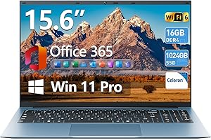 Naclud 15.6 Inch Laptops Computer with Office 365, Windows 11 Laptop, 16GB RAM 1024GB SSD Ordinateur Portable, Celeron N5100 
