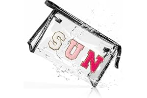 COSHAYSOO Clear Makeup Bag Preppy Sunscreen Pouch Waterproof Transparent Summer Beach Travel Stuff Small Cosmetic Toiletry Purse for Women Teenager Girls with Cute Puffy Letter Patch Black SUN