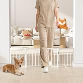 Snuowu 16" Freestanding Short Dog Gate for Small Dogs &ndash; Foldable &amp; Retractable, Expands Up to 48" Wide, 4-Panel Pet Barrier for Doorways, Stairs &amp; Hallways (White)