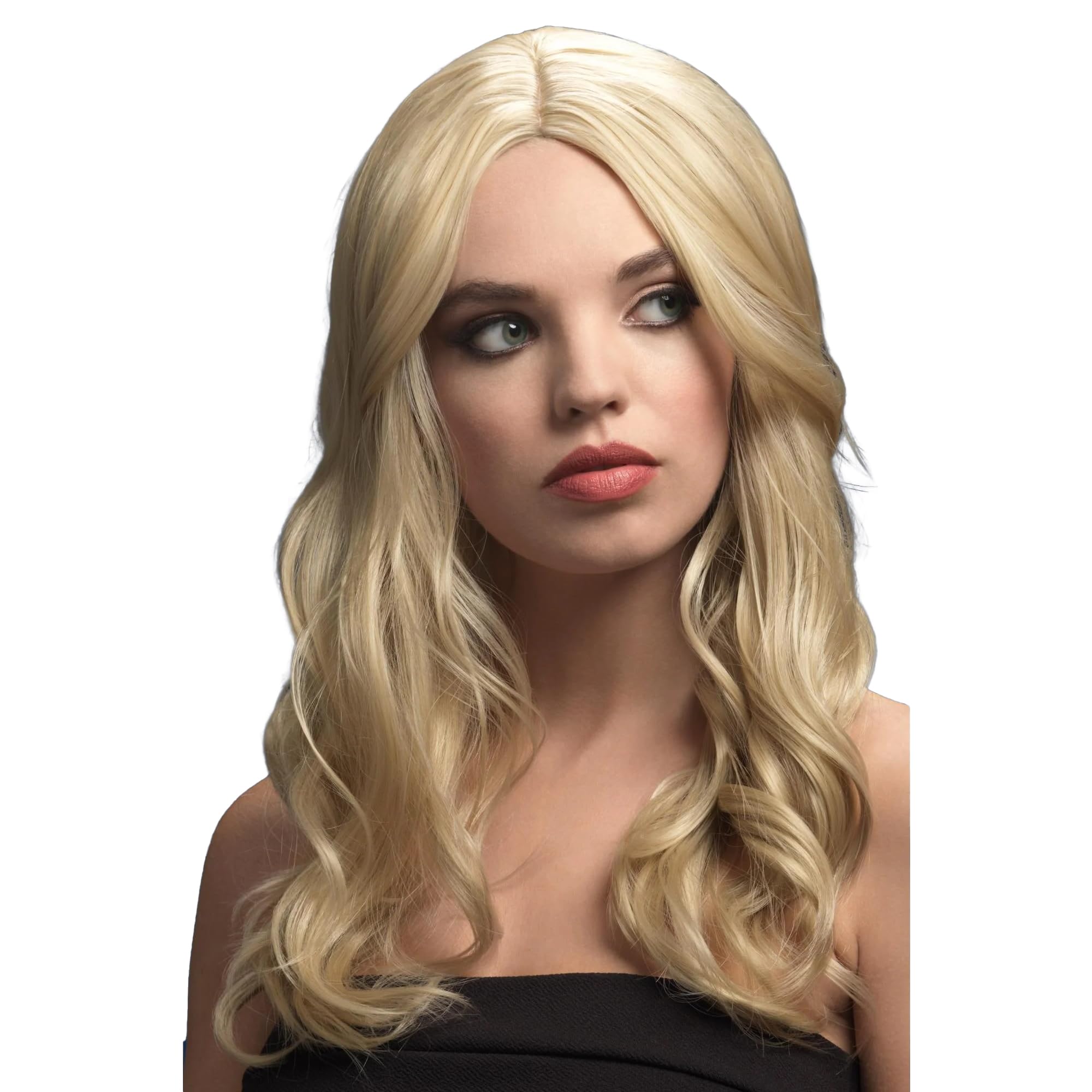 Smiffys Fever Khloe Wig, Dark Blonde Long Wave with Centre Parting, 56cm/22in, Fever Wigs Fancy Dress, Fever Dress Up Wigs