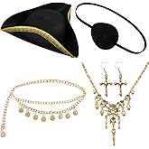 Coume 6pcs Halloween Pirate Costume Accessory Sets, Pirate Tricorn Hat Eye Mask Skull Necklace Earrings Waist Chain Women Men Black, Gold