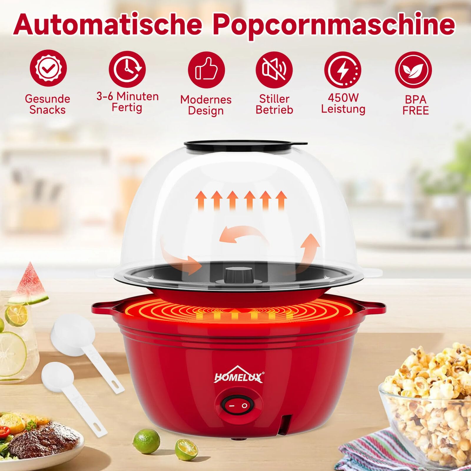 HOMELUX Popcornmaschine Popcorn Maker 450W Mini Popcorn Maschine mit Messlöffel Antihaftbeschichtung Snack Popcorn Popper für Zuhause Party Kinder, Deckel als Servierschale, Stille & Schnelle Rot 2
