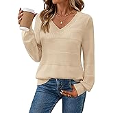 MEROKEETY Women's 2025 Fall Long Sleeve Sweaters Tops Casual Crochet V Neck Loose Pullover Knit Shirts