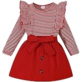 fhutpw Baby Toddler Girl Clothes Stripe Ruffle Long Sleeve Tops & Corduroy Button Mini Skirts Set Fall Winter Outfits