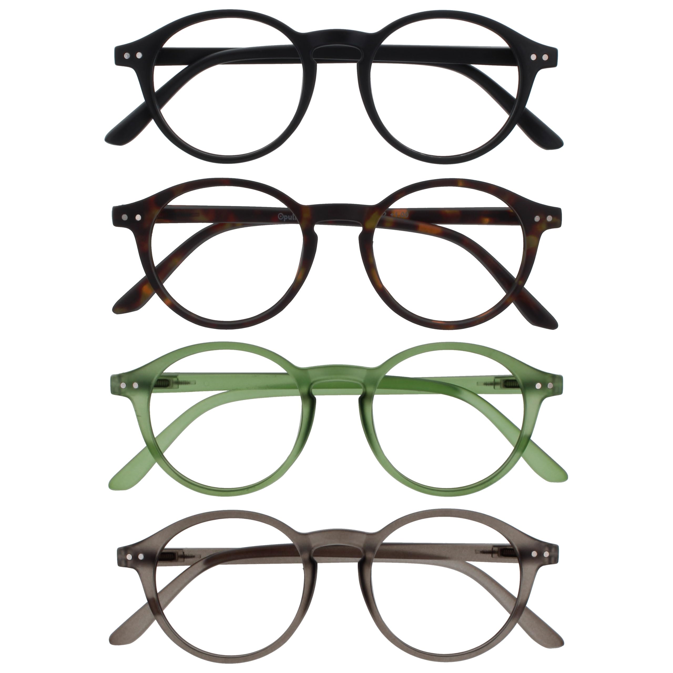 OPULIZE REY Reading Glasses - 4-Pack - Retro Round Frame - Matt Black, Brown Tortoiseshell, Green, Grey - Mens Womens - Spring Hinges - RRRR56-1267 - +3.50