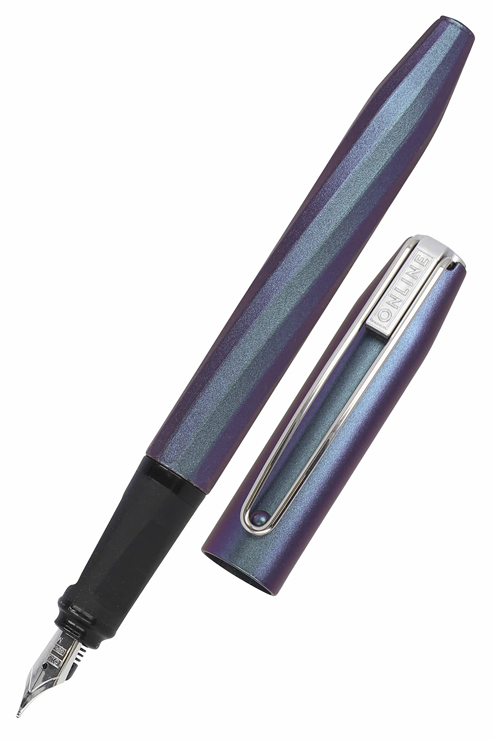 Online fountain pen Slope Metallic Lilac, cartridge fountain pen with ergonomic grip part, iridium nib m, standard ink cartridges, including combi- cartridge blue, for school and office