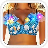 Aukmla Light Up Mermaid Rave Bra Top Blue Beach Seashell Costume Bikini Tops for Women