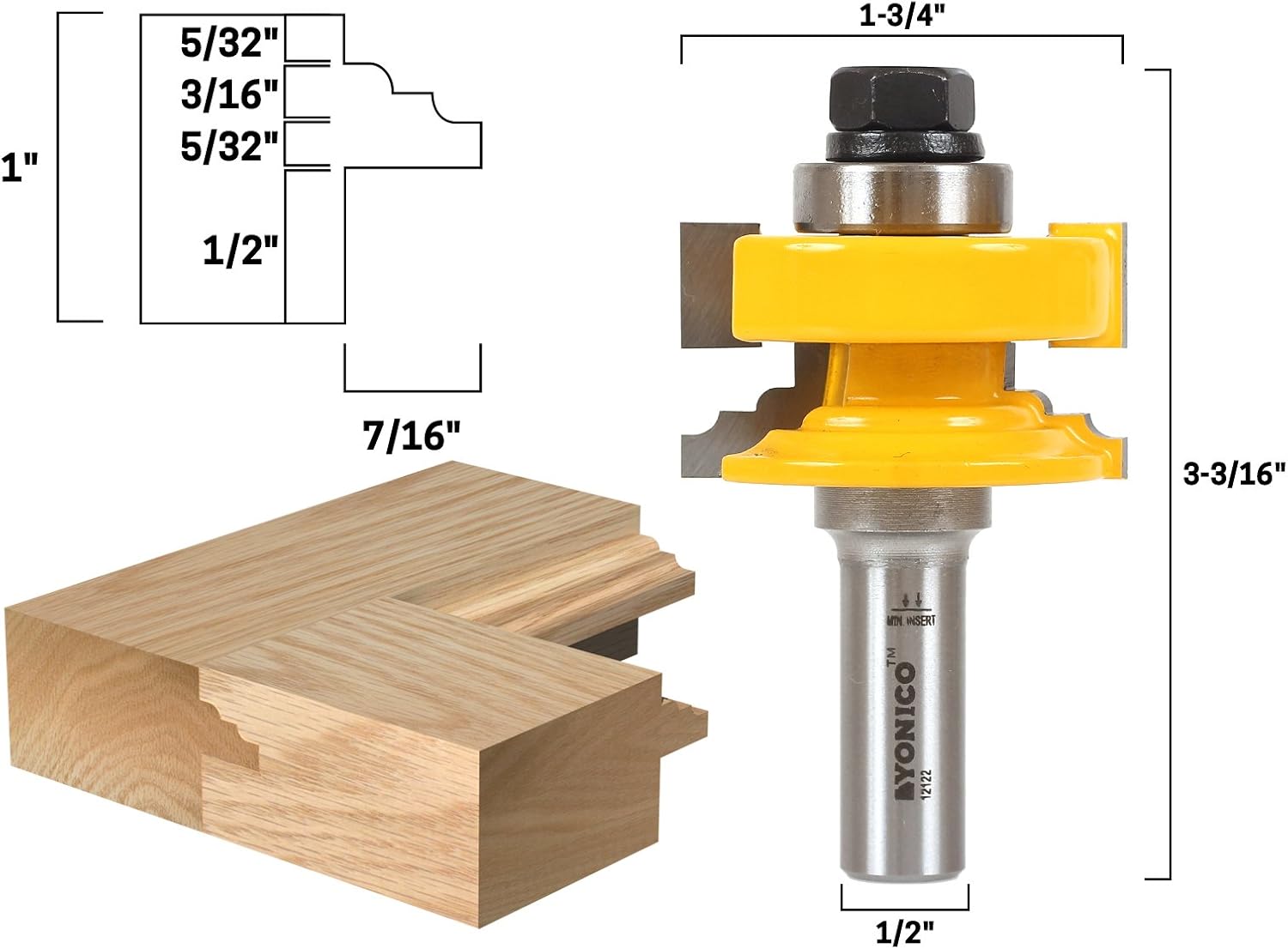 Yonico 12122 Glass Door Rail and Stile Reversible Router Bit 1/2Inch