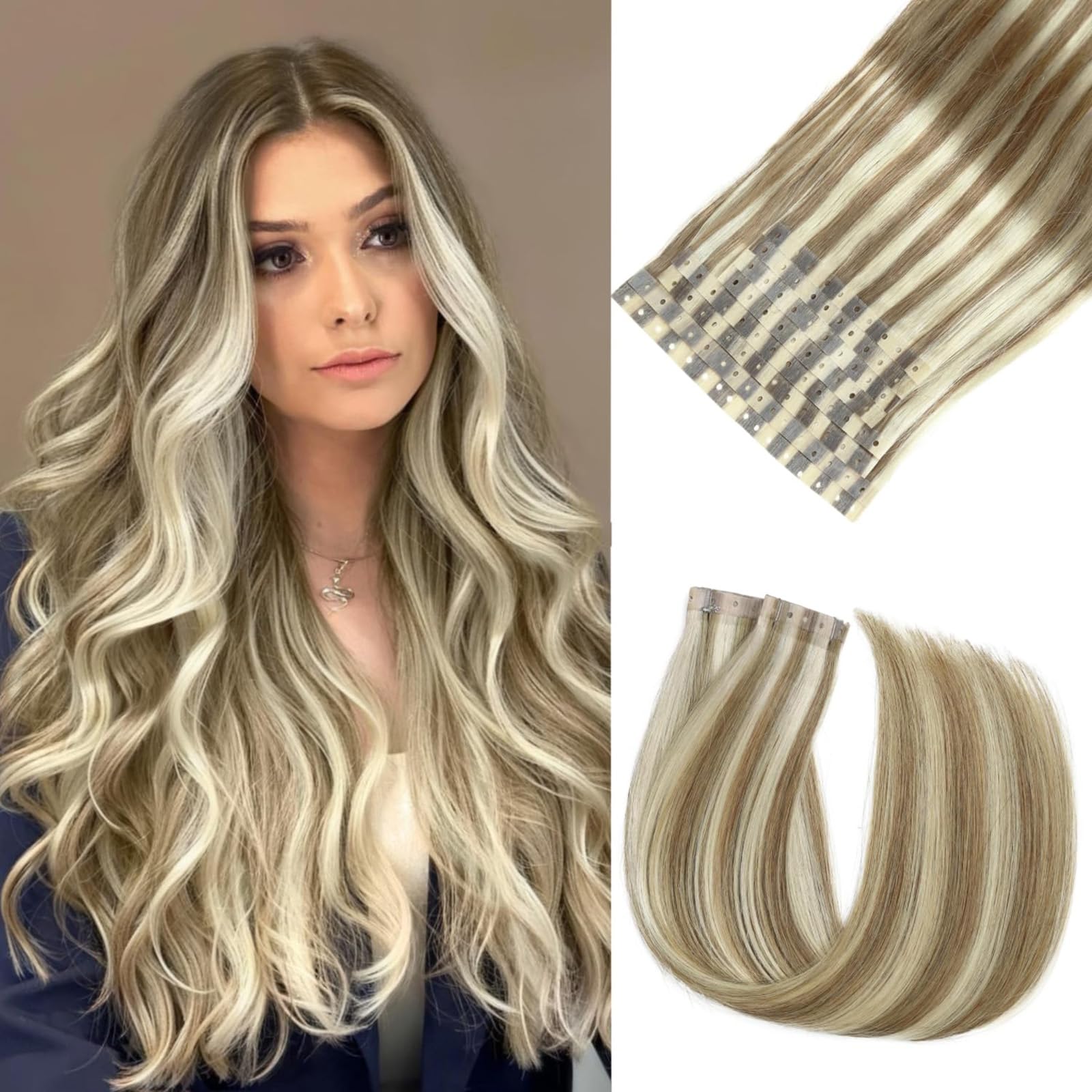 Photo 1 of Remy Human Hair Extensions Micro Ring PU Hair Extensions 8PCS 70g Invisible Hole Weft Human Hair Extension Glueless PU Skin Weft Extensions 9A/P60 Tape in Hair Extension for Women (8Pcs,20 Inch)