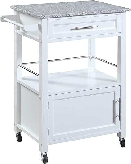 Benjara Küchenwagen aus Holz, mit Granit, eingelegt, Weiß und Grau