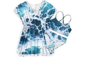 Goodstoworld 7-12Y Girls 3 Piece Cover Up Swimsuit Hawaiian Bikini Bathing Suit with Pompom Tassel