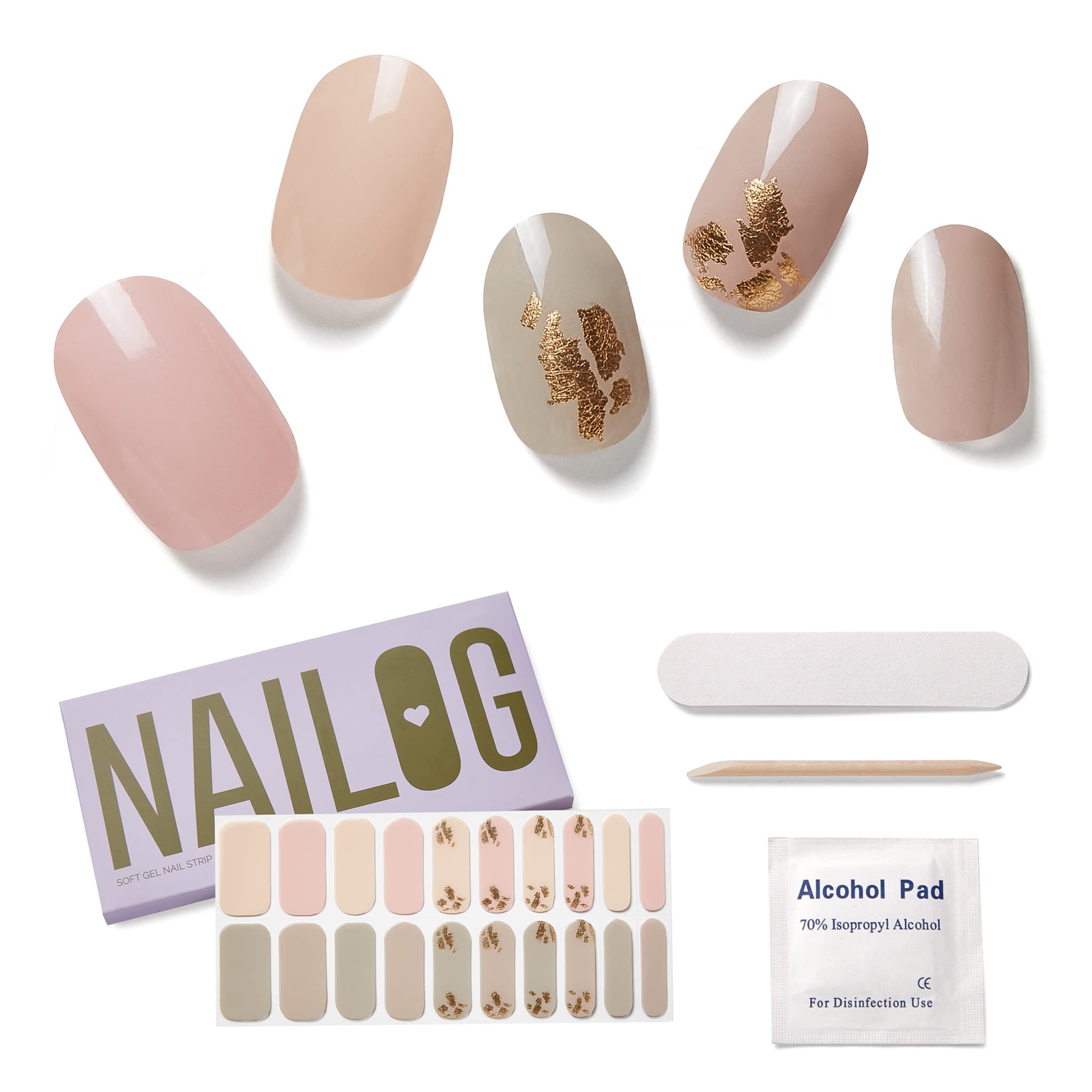 NAILOG Semi Cured Gel Nail Strips (20 Extra Long Stickers) | Glossy & Long Lasting Soft Gel Finish Wrap| Tea Time