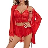 Avidlove Women Sexy Lingerie Set 3 Piece Lace Bralette and Panty Sets With Mesh Kimono Robe Sleepwear Exotic Nightgown