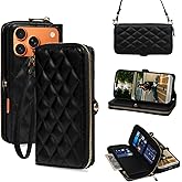 Rssviss Crossbody Case for iPhone 17 Pro Max Case Wallet, RFID Blocking Leather with Card Holder Kickstand, Handbag Zipper Flip Cover with Wrist Strap for iPhone 17 Pro Max Men Women 6.9", Black
