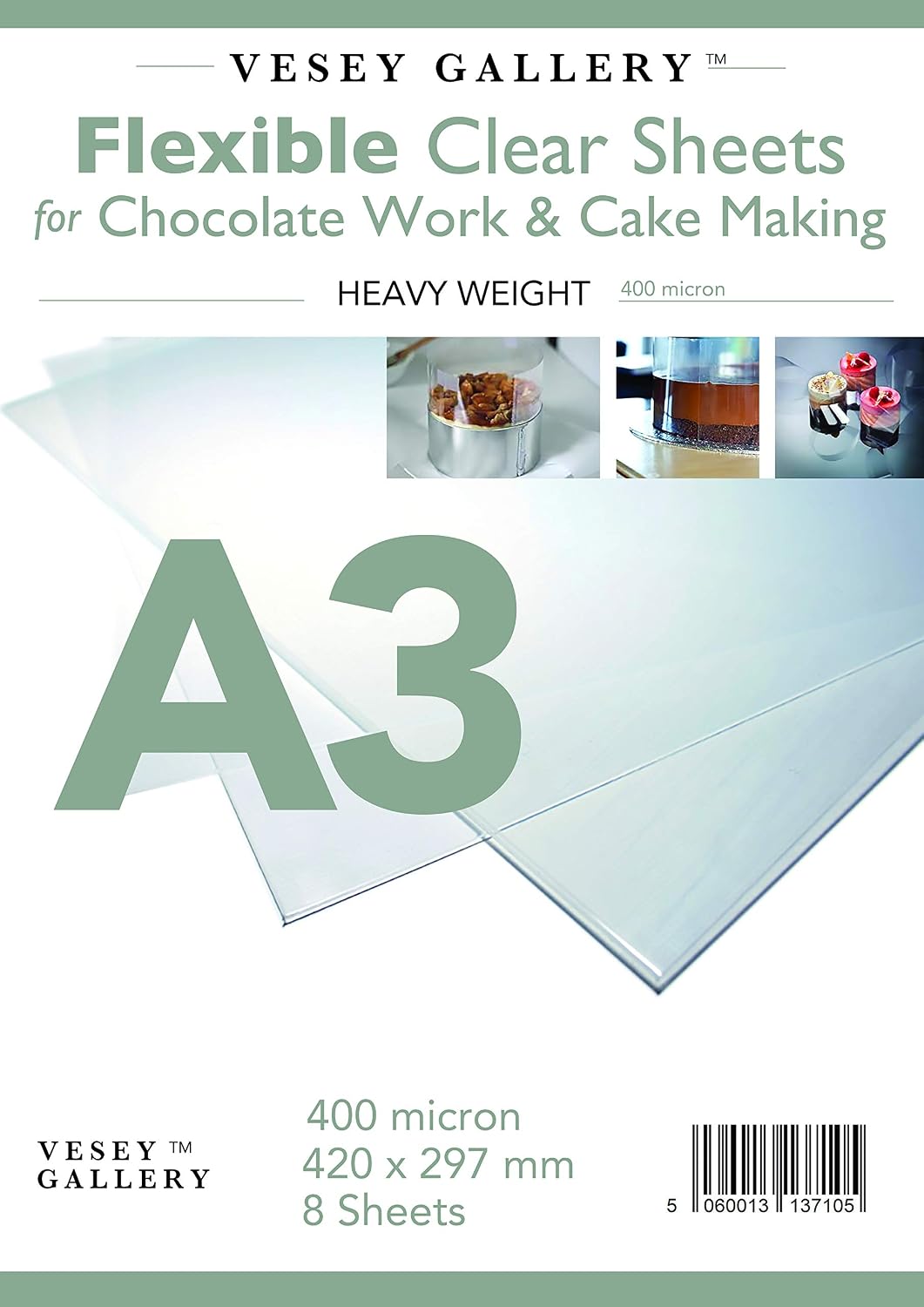 A3 Flexible Clear Plastic for Chocolate Work and Cake Making. 8 Sheets 400micron By Vesey Gallery®, Transparent