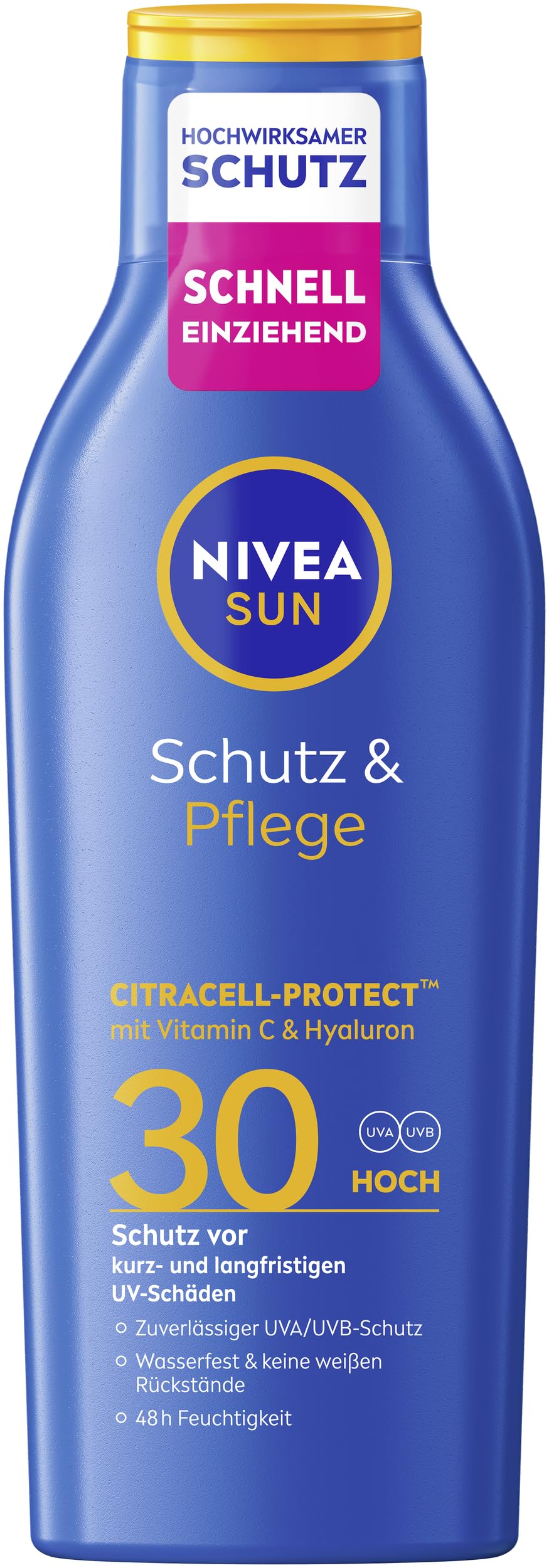 NIVEA SUN Schutz & Pflege Sonnenlotion LSF 30, wasserfester Sonnenschutz mit Vitamin C & Hyaluron, schnell einziehende Sonnencreme für 48h Feuchtigkeit ohne weißen Film (200 ml)