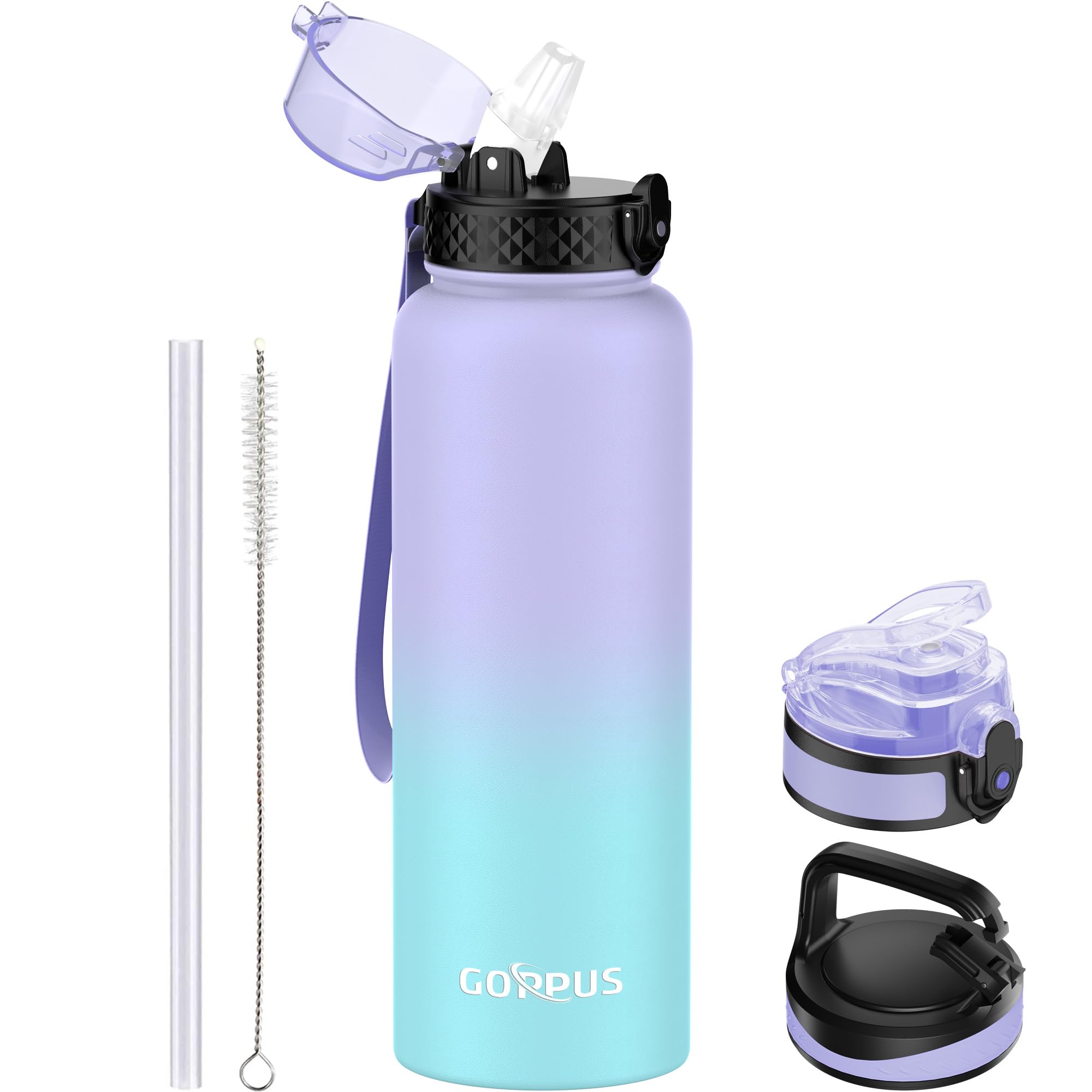 GOPPUS 1.2L/40oz Stainless Water Bottle with Straw Double Wall Insulated Bottles with Strap Large Vacuum Thermal Flask Leakproof Keep Cold Drinks Bottles with Flip Top Lid for Men Women BPA Free