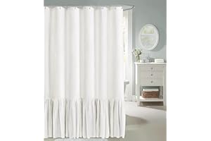 Awellife Farmhouse Shower Curtain Ruffle Linen Textured Boho Shower Curtain for Bathroom, White 72" W x 72" L