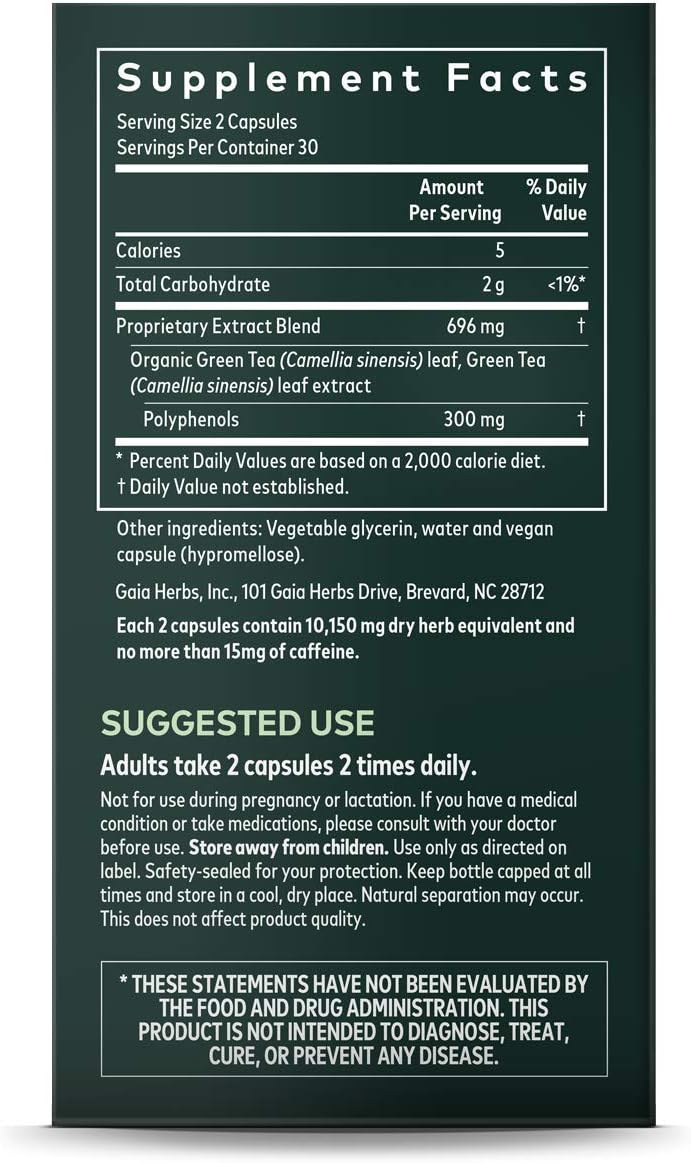 Gaia Herbs Green Tea, Vegan Liquid Capsules, 60 Count - Antioxidant Support and Heart Health Supplement, Certified Organic Green Tea Extract: Health & Personal Care