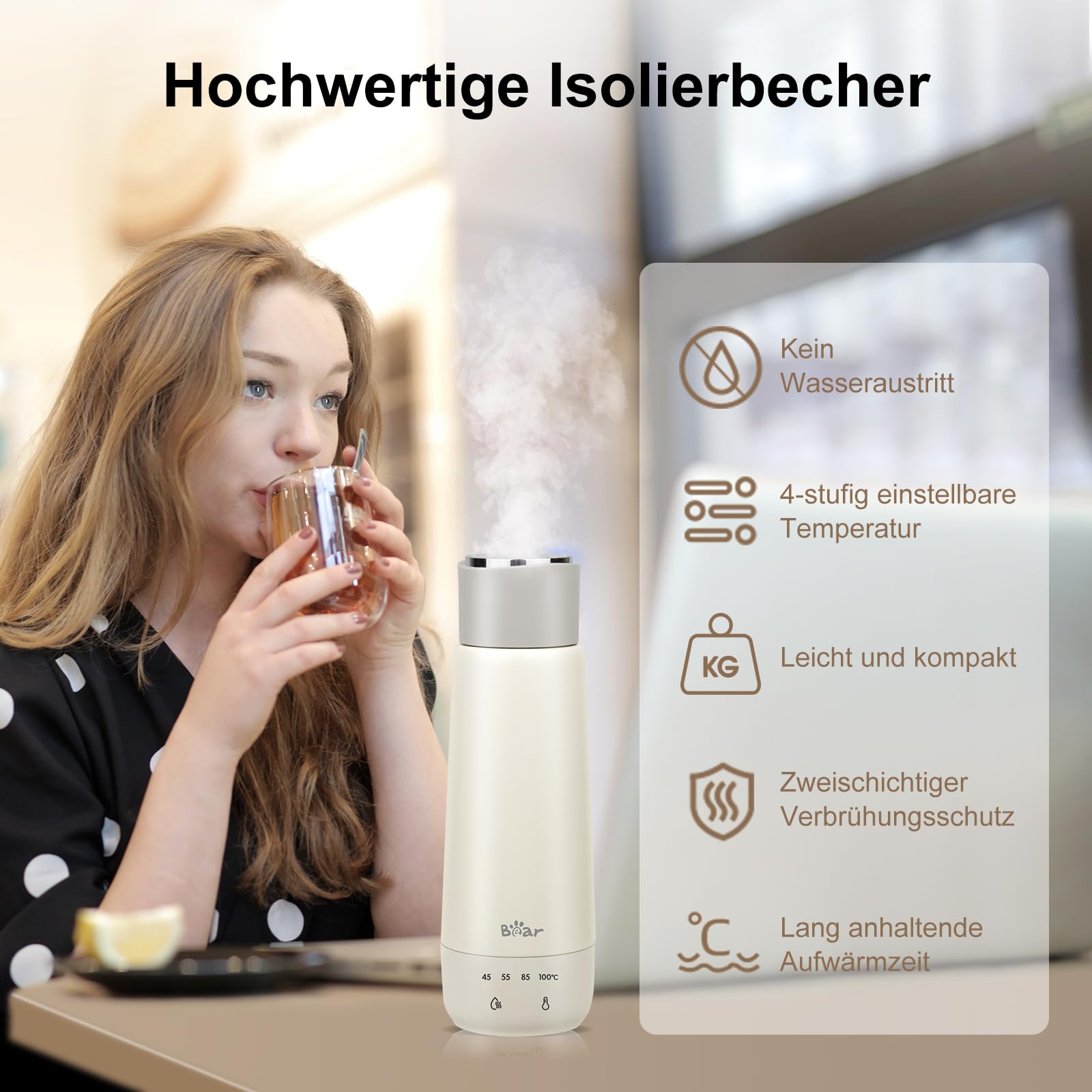 Bear 300ml elektrischer Wasserkocher, 3-in-1 Reise-elektrischer Wasserkocher, Doppelschicht 304 Edelstahlliner, tragbarer kleiner schneller Heizungsisolierungsbecher(Doppeltaste) 3