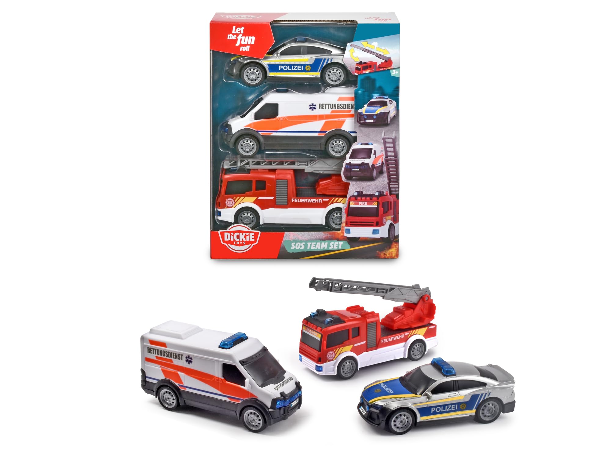 Dickie Toys SOS Team, 3-piece play set consisting of ambulance, police and fire engine with water sprayer, German version, from 3 years