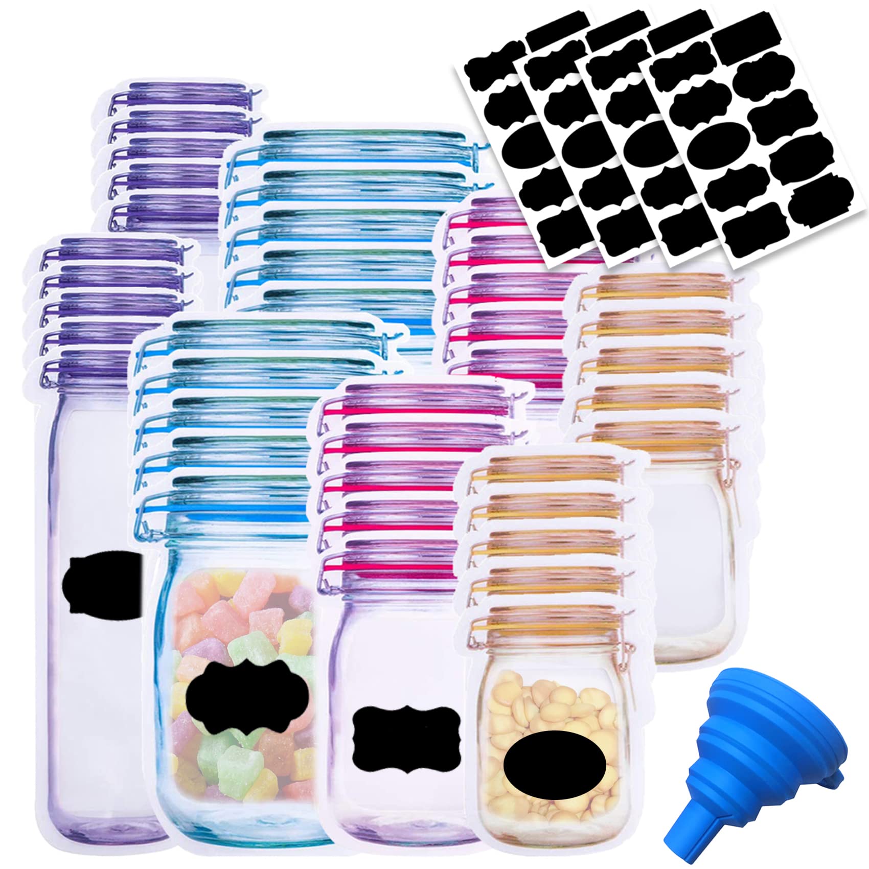 Photo 1 of 81 Pcs Reusable Mason Jar Food Storage Plastic Bags - Multi-Size Fresh Leak Proof Sandwich Snack Zipper Bags With Chalkboard Label Sticker and Silicone Funnel for Kitchen, Camping, Travel, Office
