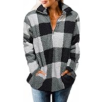 ZESICA Women's Plaid Long Sleeve Zipper Sherpa Fleece Sweatshirt Pullover Jacket Coat with Pockets