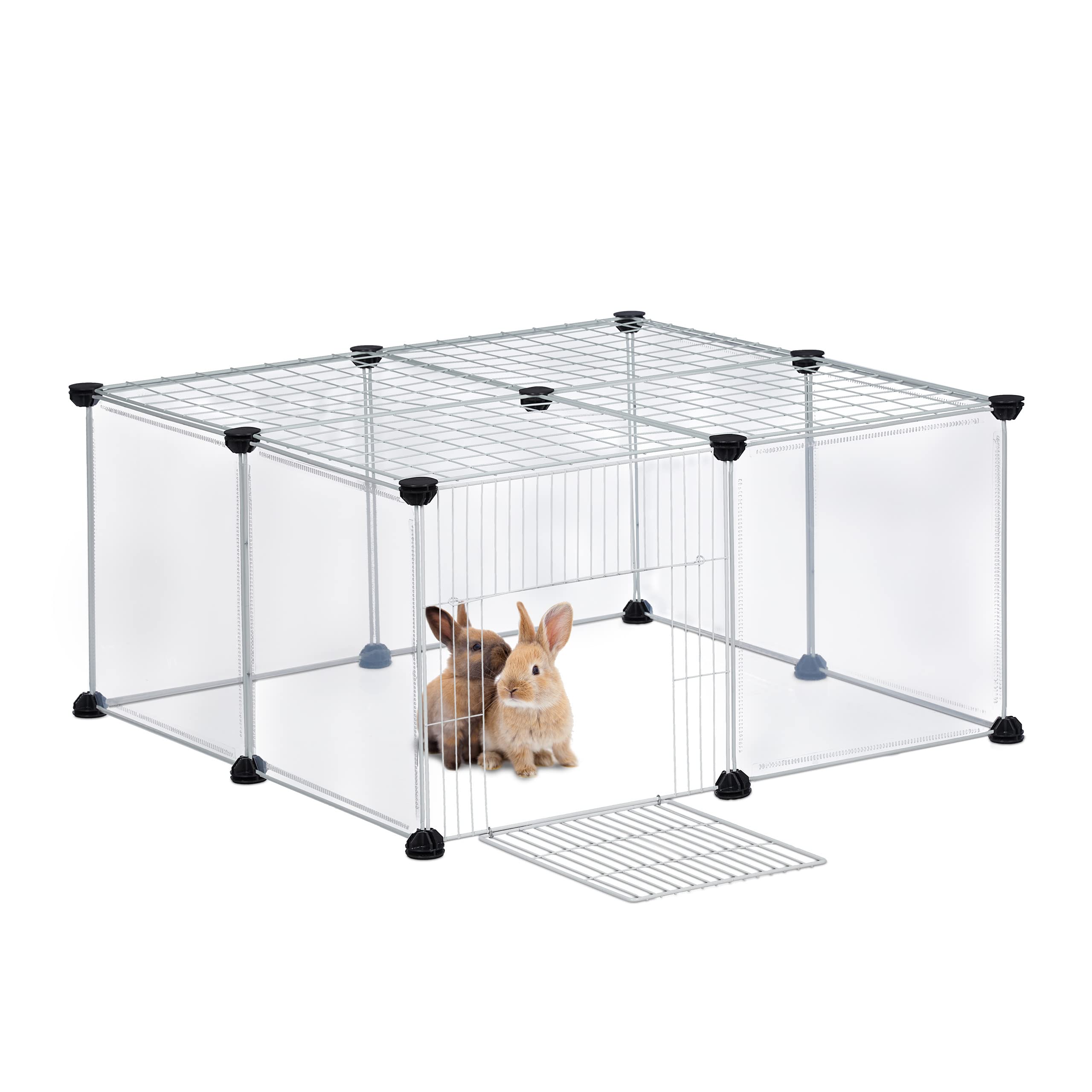 Relaxdays Free Range Enclosure for Small Pets, HWD: 37x75x75 cm, with Door & Cover, DIY, Extendable, Transparent, White