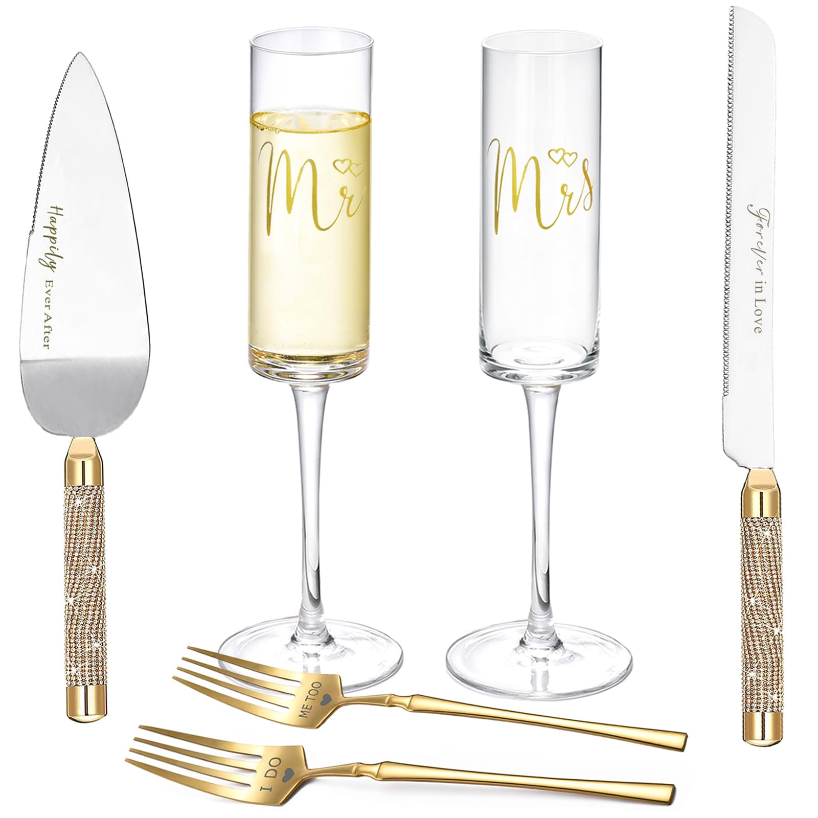 Photo 1 of ROXBURGH Wedding Cake Knife and Server Set, Champagne Flutes, Gold Bride and Groom Toasting Glasses, Mr and Mrs Forks, Cake Cutting Set for Engagement