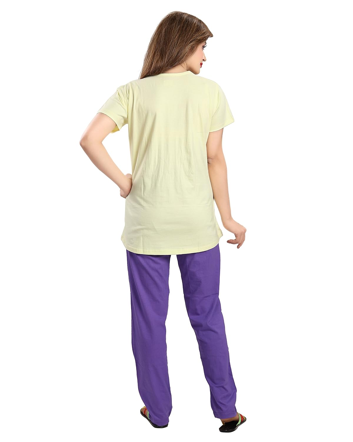 seemee yellow and purple polycotton top and bottom pyjamas nightsuit for women