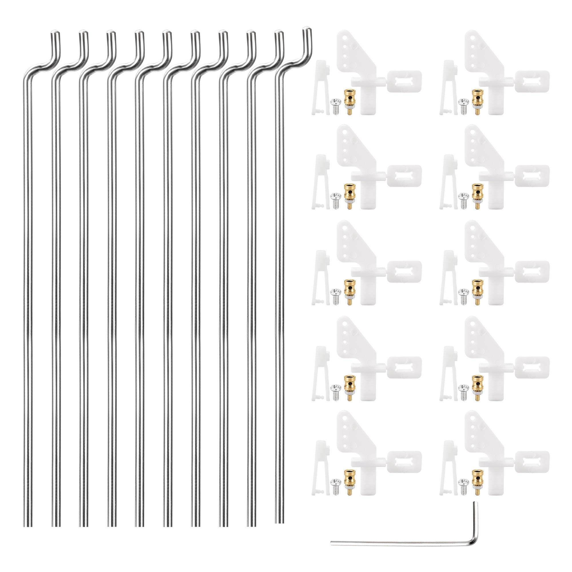 sourcing map 10Sets RC Fixed Wing Airplane Control Horn Kit - 10pcs Nylon Control Horn + 10pcs Clevis + 10pcs 1.2x180mm Pull Rod + 10pcs Fast Holder + 1pcs Wrench