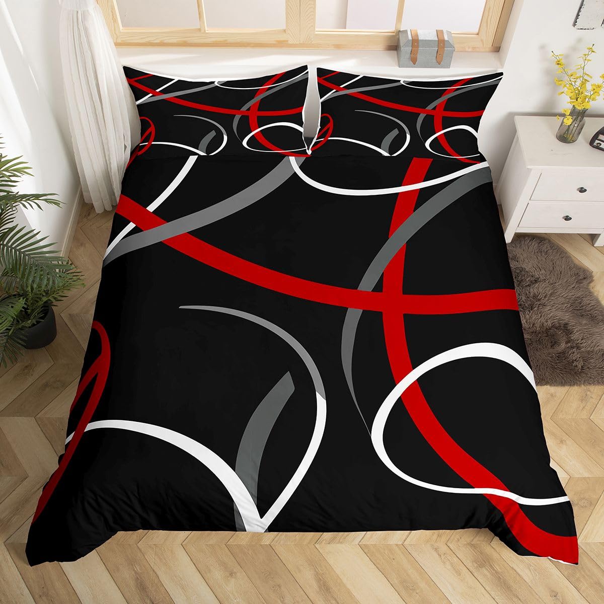 Red Grey and Black Duvet Cover Geometric Swirl Bedding Set Retro Circle Comforter Cover for Boys Girls Abstract Art Bedspread Cover Quilt Cover with 1 Pillow Case Single