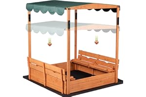GOOD LIFE USA Wooden Outdoor Kids Sandbox Convertible Canopy Covered Sand Box Bench Seat Storage