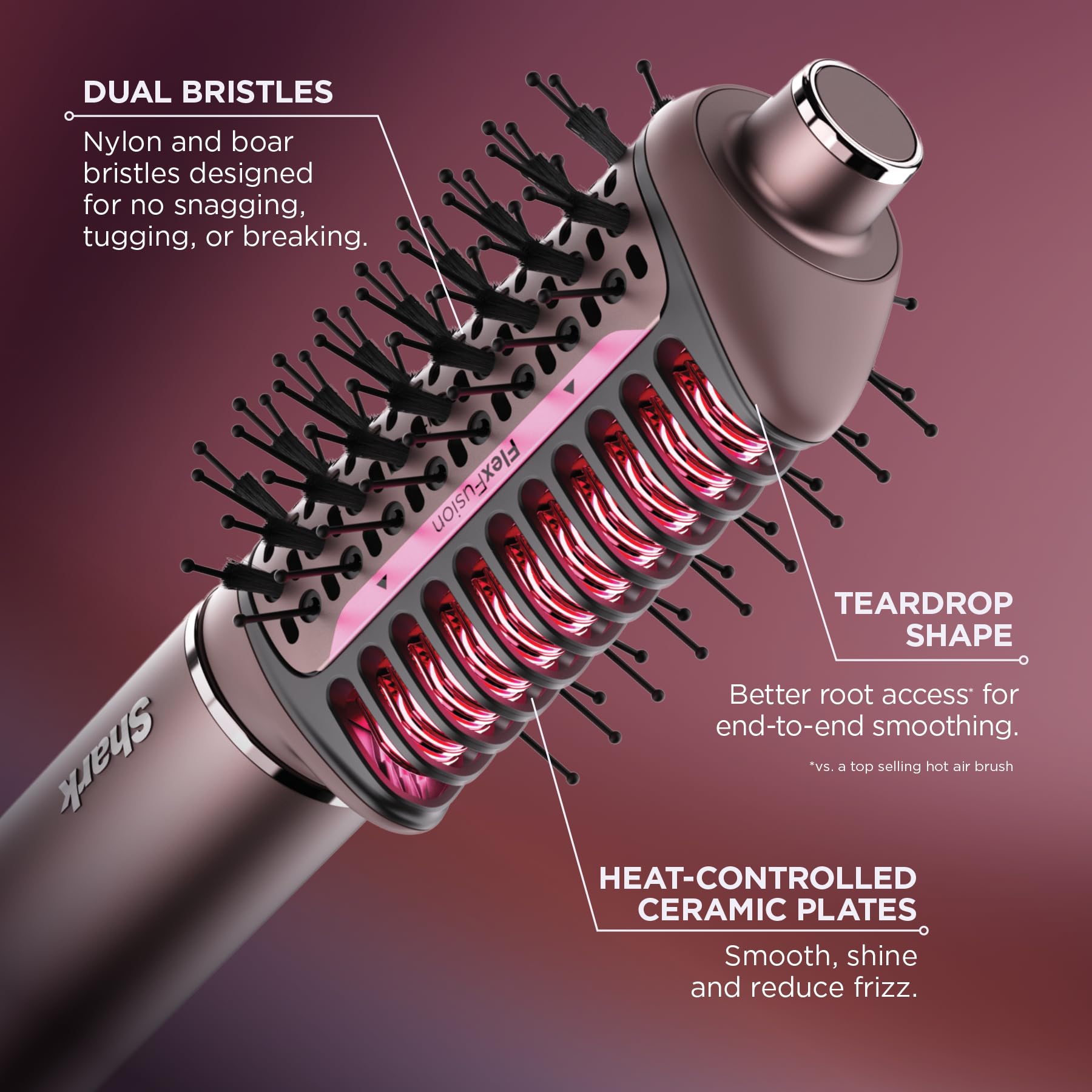 Shark FlexFusion Hair Straightener & Powerful Hair Dryer with Fusion Hair Brush, Ceramic Air Styler with Auto-Wrap Curlers & Concentrator, Ceramic Plates, Cosmic Blush HD641S