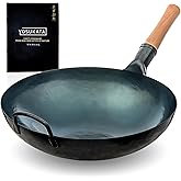 YOSUKATA 14” Round Bottom Carbon Steel Wok Pan – Blue Pre-Seasoned Pow Wok for Stir Fry, BBQ & Camping – Traditional Japanese & Chinese Cookware – Compatible with Gas Stoves & Open Fire Only