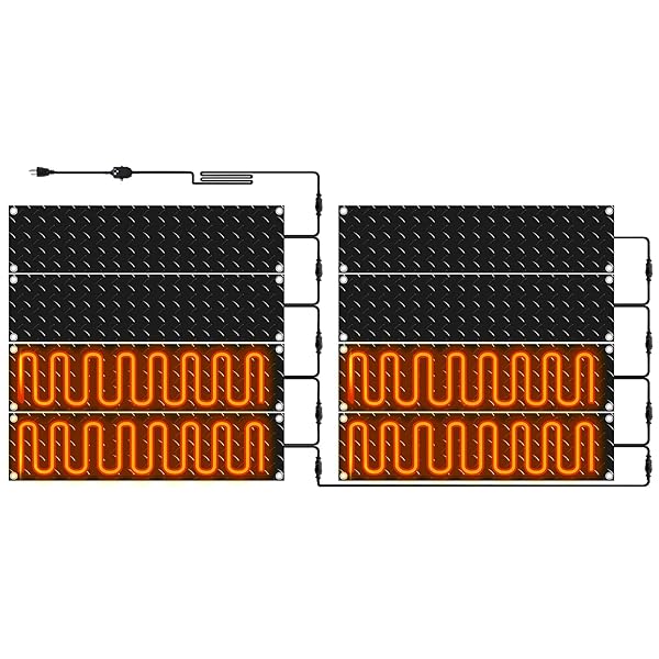 RIAKRUM 8 PCS HEATED SNOW MELTING MATS OUTDOOR, 10 X 30 IN WINTER ANTI-SLIP HEATED RUBBER MAT FOR WALKWAYS DECKS AND SIDEWALKS, ELECTRIC SNOW AND ICE MELTING PADS CONNECTION WITH 9.84 FT POWER CORD