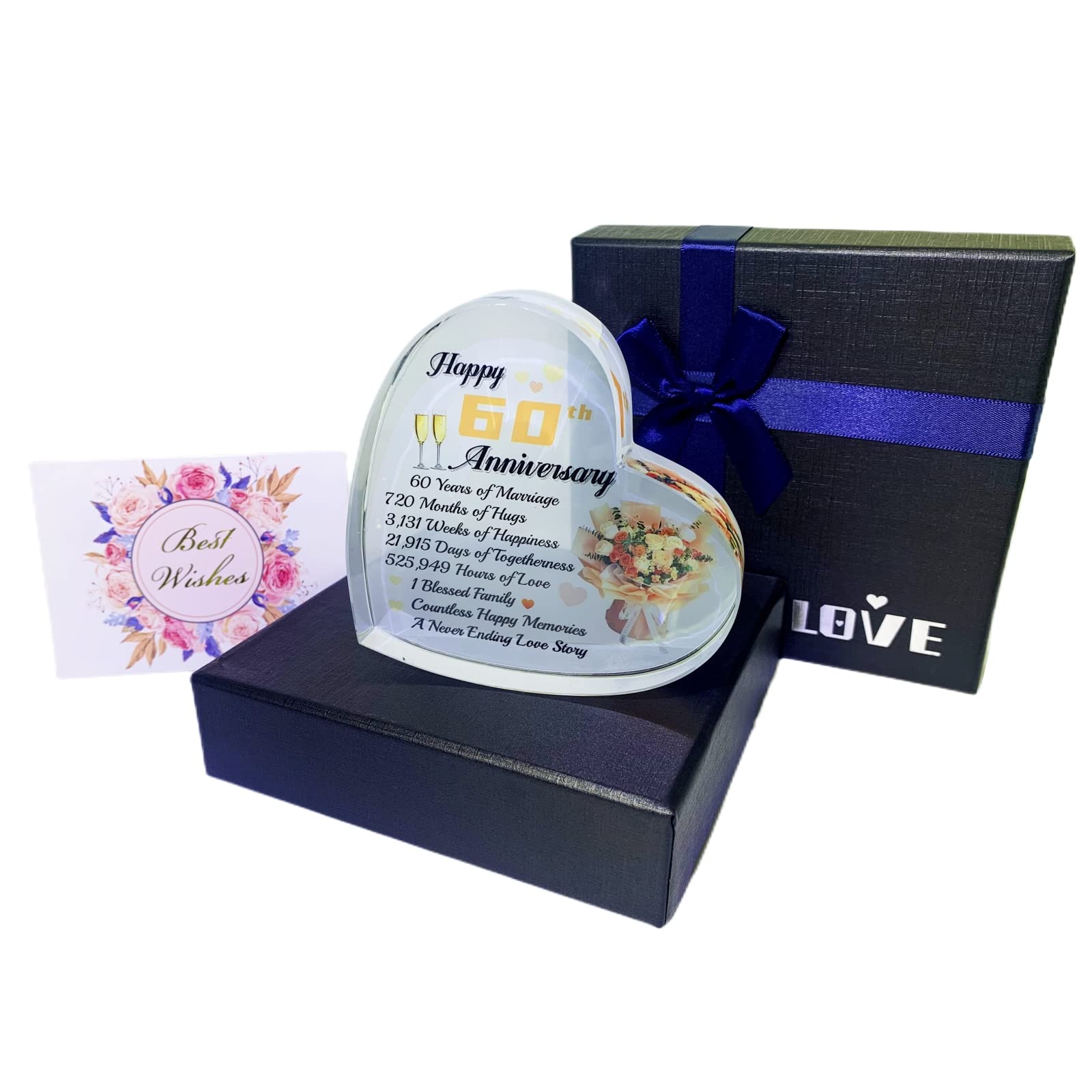 WOSHIDEFA 60th Diamond Wedding Anniversary Romantic Gifts for Women,60 Years Wife Girlfriend Couple, Crystal Heart Marriage Keepsake,60th Present Her Gold