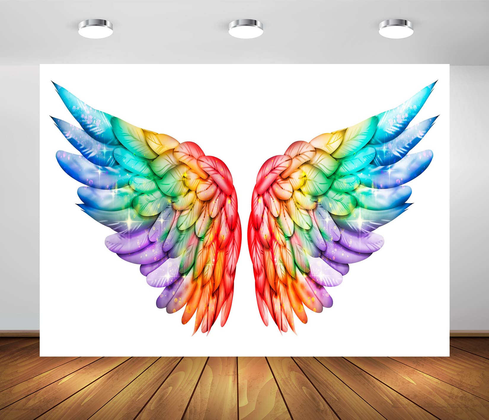 BELECO 2.1x1.5m Fabric Magic Angel Wings Backdrop for Photography Bright Rainbow Wings Shiny Glitter Wings White Background Colorful Wings Backdrop for LGBT Pride Party Decoration Photo Studio