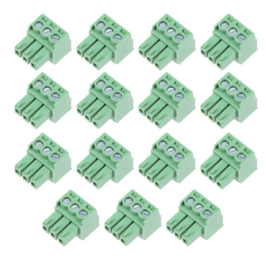 sourcing map 15Pcs AC300V 8A 3.5mm Pitch 3P Flat Angle Needle Seat Insert-In PCB Terminal Block Connector green