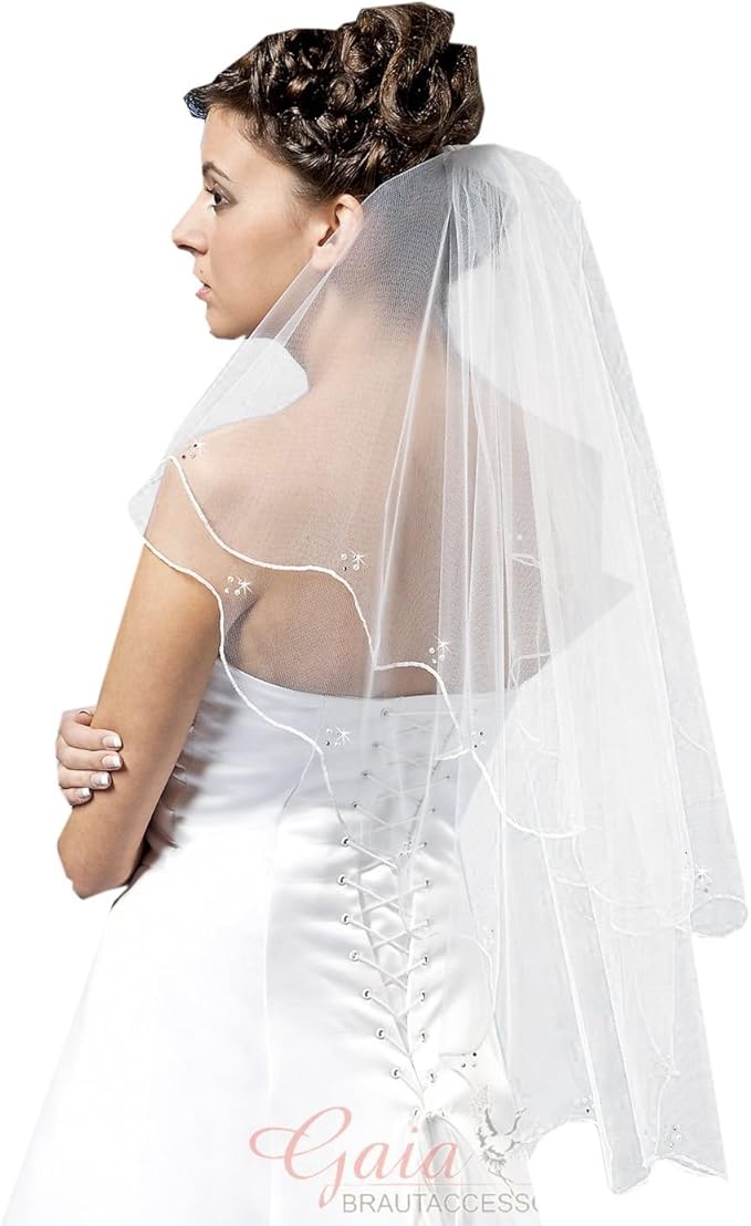 Gaia Damen Braut Schleier Mit Satinkante Perlen Und Steinen Creme S38 Bv Amazon De Bekleidung