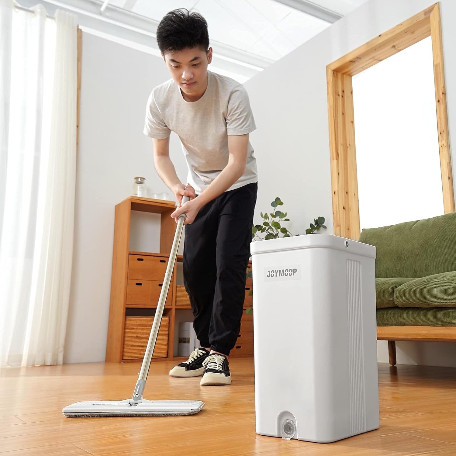 JOYMOOP Squeeze Flat Floor Mop and Bucket Set with 3 Microfiber Mop Pads Refills Easy Self-Wringing Cleaning Mop Bucket, Wet and Dry Mopping Hardwood, Laminate, Tile: Kitchen & Dining