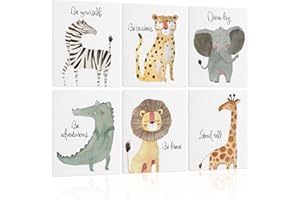 HLJ ART Safari Animal Poster Set: Inspirational Quotes Kids Wall Art, 6 Framed Polyester Panels for Nursery Decor